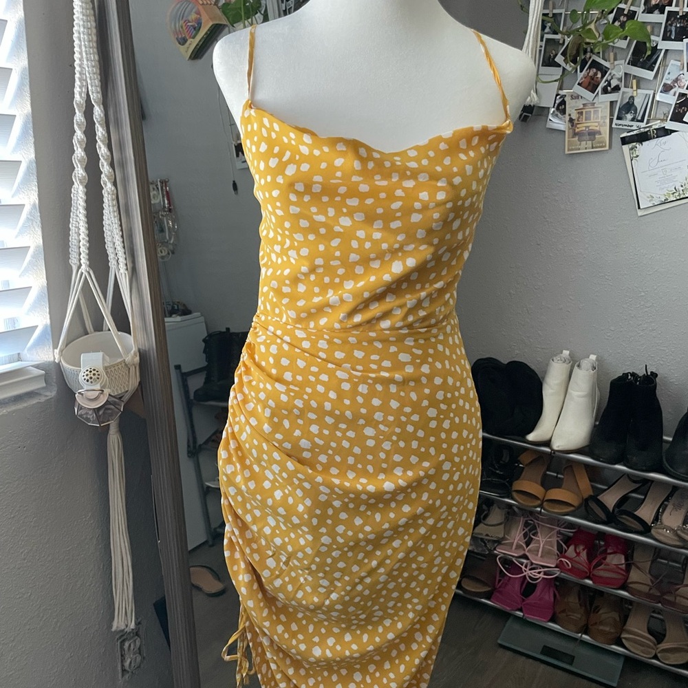 Yellow polar dot silk dress